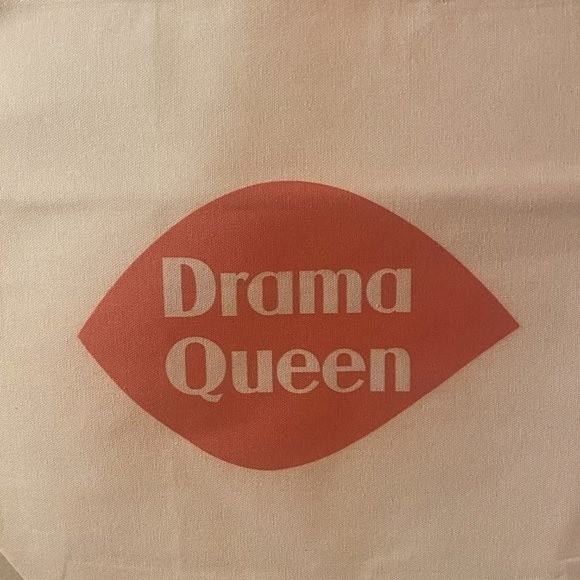 Drama Queen Tote, 14 wide x 14.5 long, cream with red writing, has red handles - Picture 2 of 3